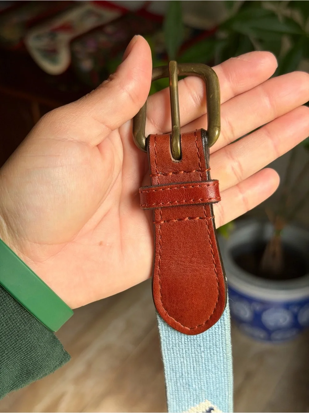 Light Blue Embroidered Needlepoint Leather-Trim Belt